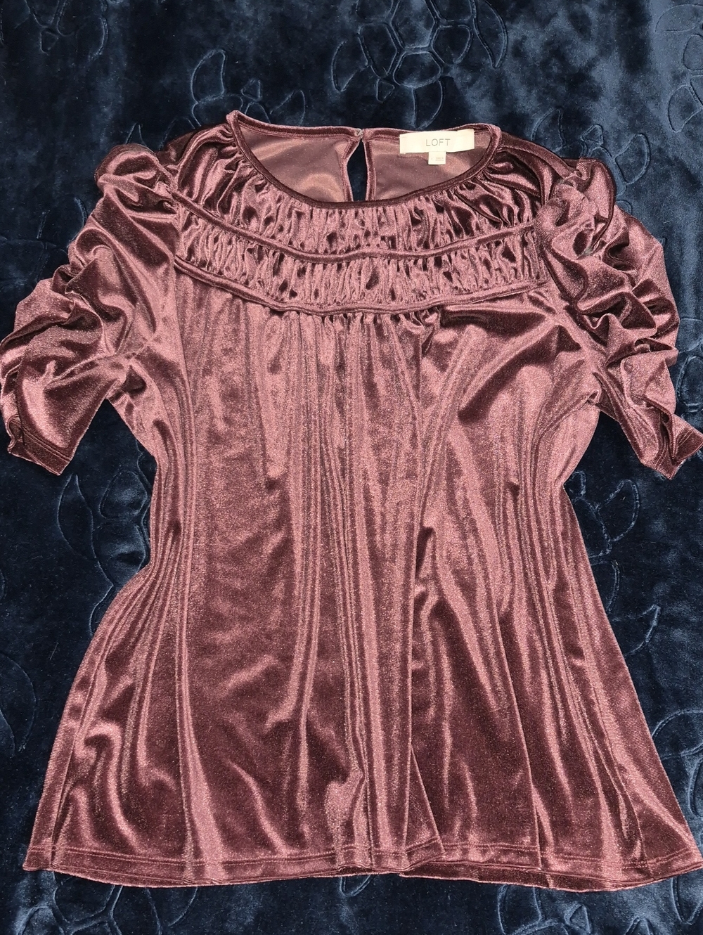 LOFT Women's Shimmery Ruched Yoke Velvet Top - Wine/Burgundy